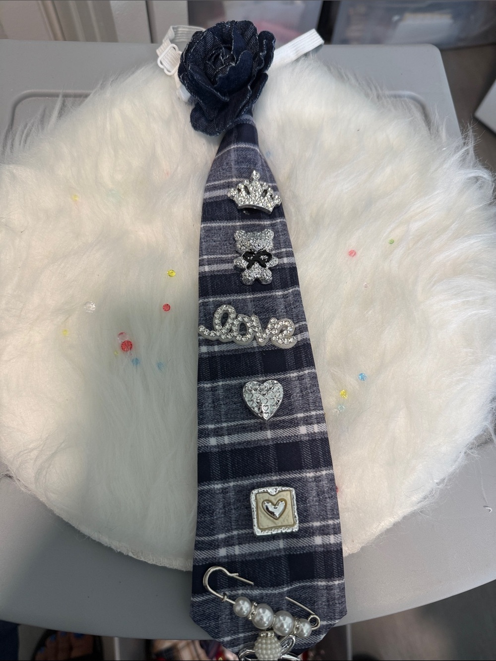 Girls Navy Plaid Decorative Neck Tie with Rhinestone Charms